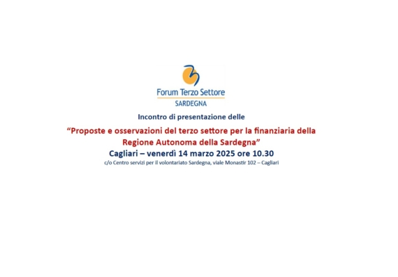 Venerdì 14 marzo a Cagliari – Incontro del Forum del terzo settore della Sardegna sulla prossima Legge Finanziaria regionale